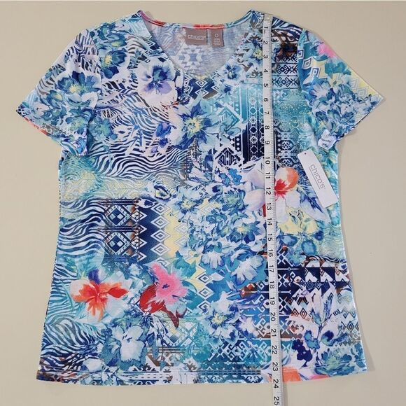 Chicos Women's Aqua Vine Print V-neck Short Sleeve Top - Picture 6 of 13
